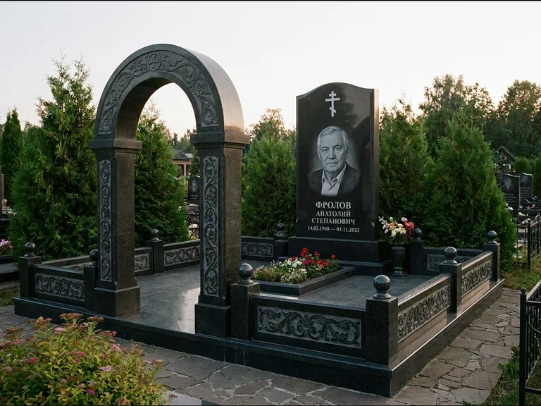 Памятник из чёрного гранита — высокая стела с процветшим крестом с православным восьмиконечным крестом, работа «Панкратов» в Перми