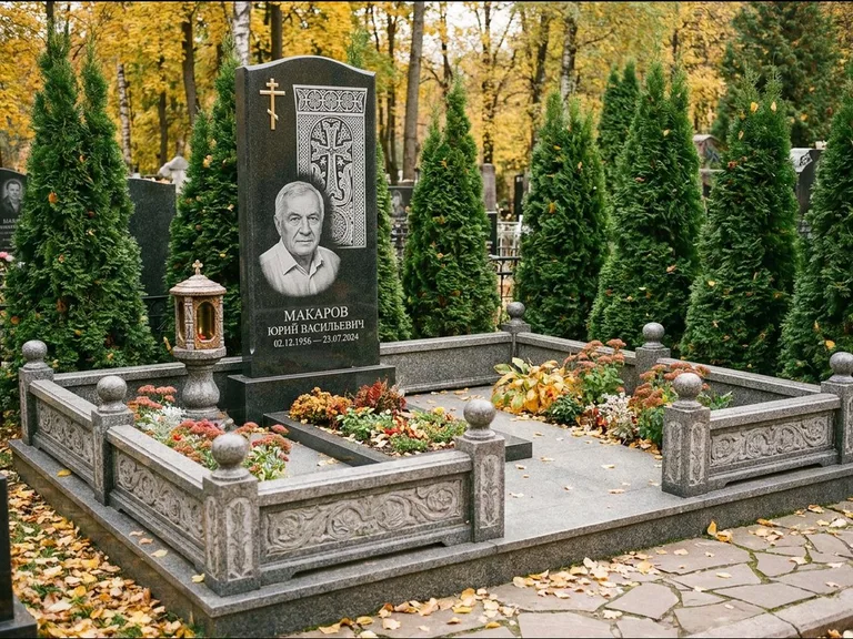 Памятник из чёрного гранита — стела с крестом и лампадой с армянским хачкаром, работа «Гущин» в Перми