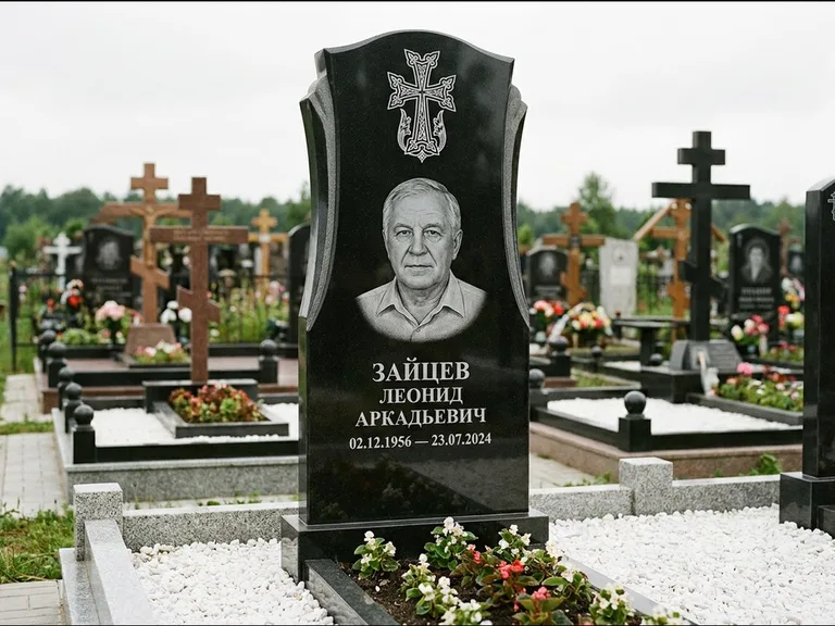 Памятник из чёрного гранита — семейная стела на двоих с армянским хачкаром, работа «Журавлёв» в Перми