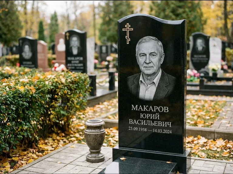 Памятник из чёрного гранита — фигурная стела с киот-нишей с процветшим крестом с виноградной лозой, работа «Богданов» в Перми