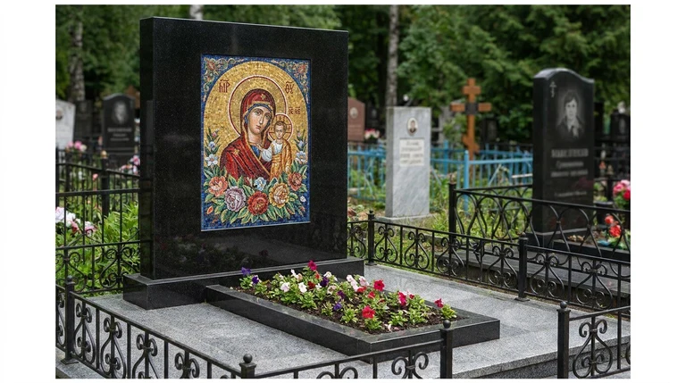 Мозаика на памятник в Перми — цветное панно из смальты на чёрной гранитной стеле