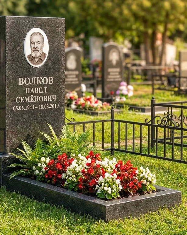 Тёмно-серый памятник под ключ с художественной гравировкой в Перми