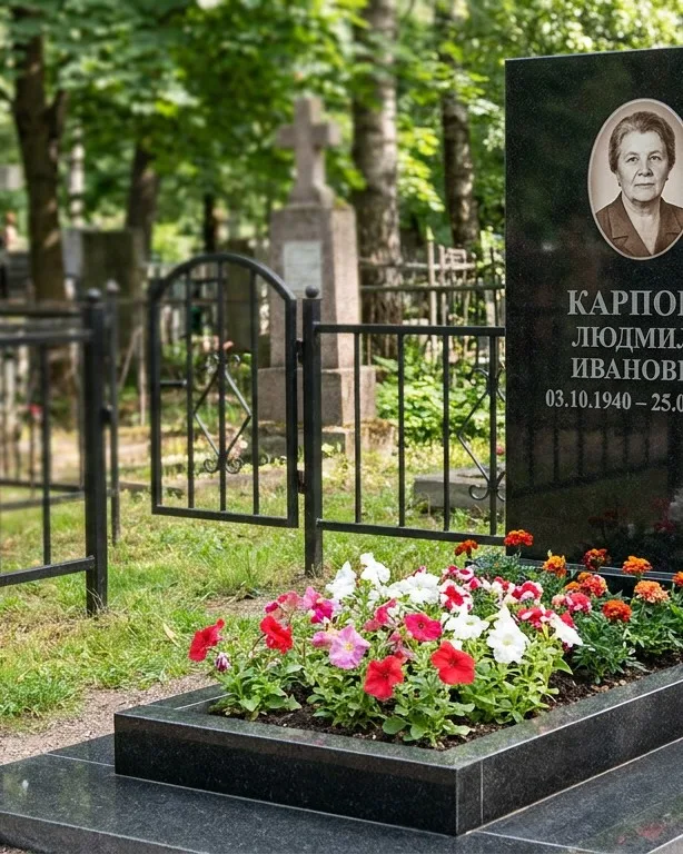 Памятник под ключ с низкой оградой и цветником в Перми