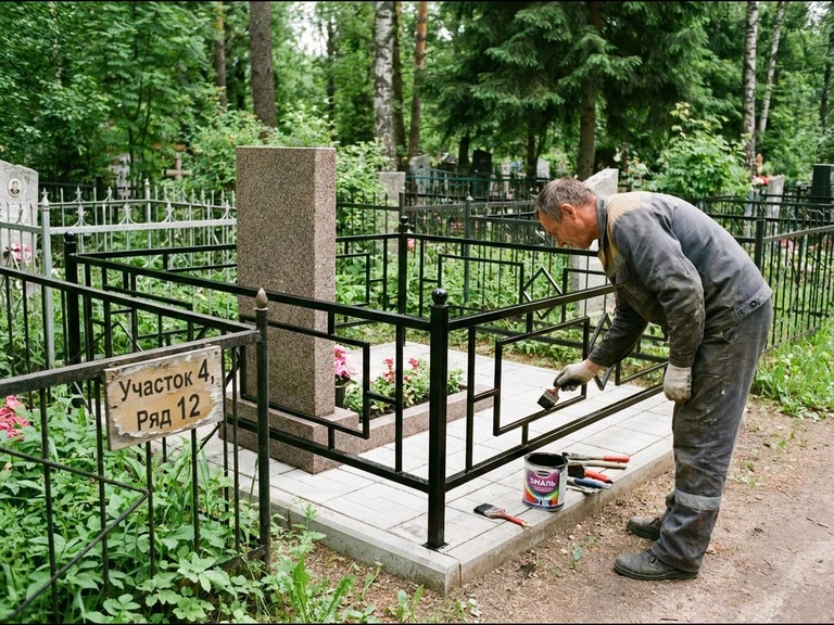 Покраска оградки на кладбище в Перми — мастер красит металлическую ограду на могиле чёрной эмалью