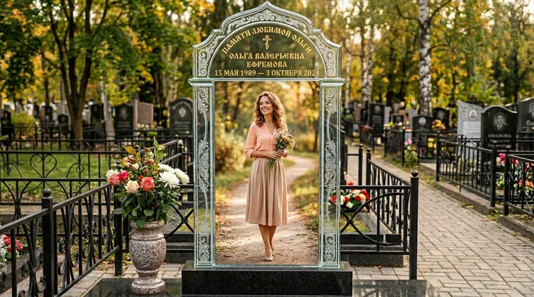 Портрет на стекле в форме арки на памятнике в Перми
