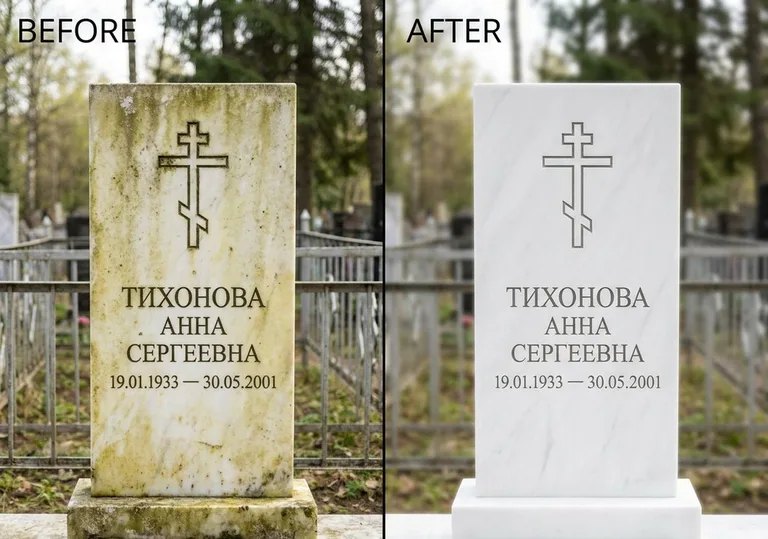 Восстановление мраморного надгробия от желтизны: до и после в Перми