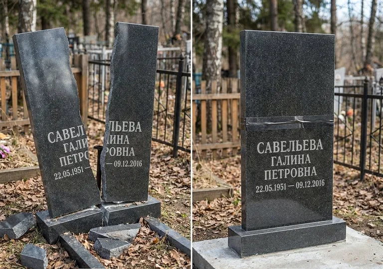 Склейка расколотого гранитного памятника: до и после в Перми