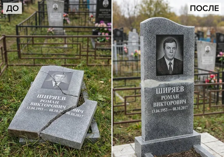 Обновление золочёных букв на граните: до и после в Перми