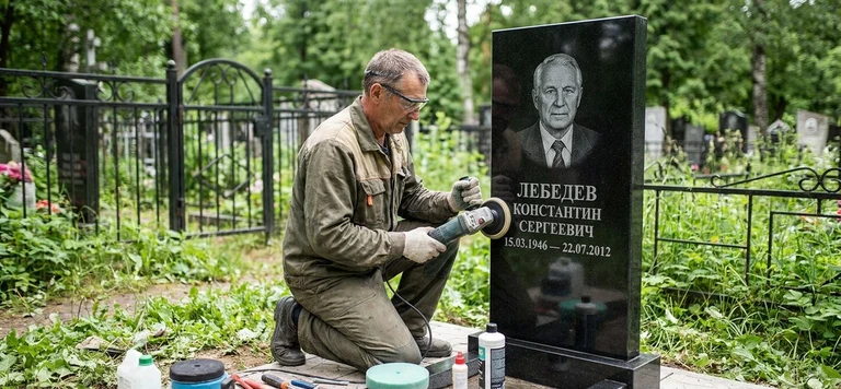 Реставрация памятника в Перми — восстановление гранита, заделка трещин и обновление надписей на кладбище