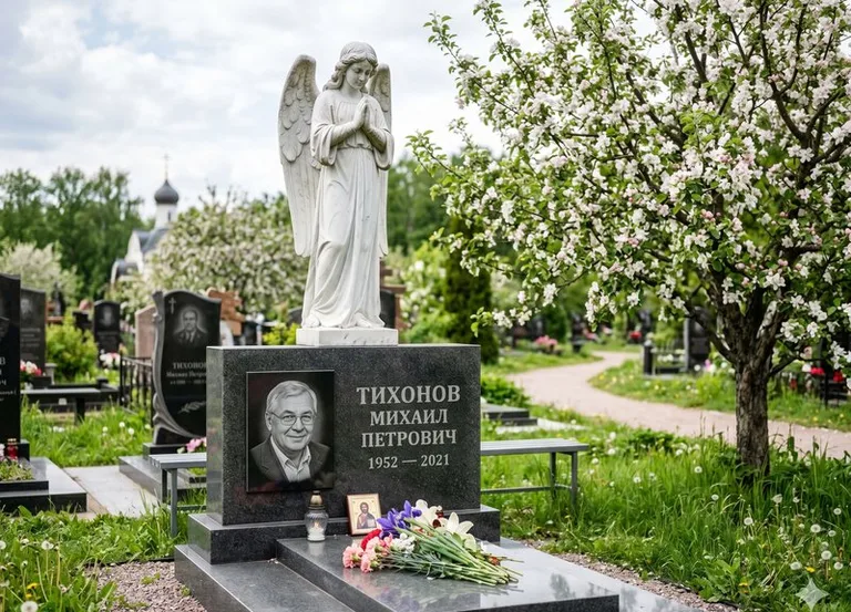 Мраморный молящийся ангел на гранитном памятнике весной в Перми