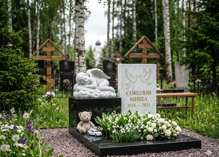 Белый ангелочек на детском памятнике в Перми