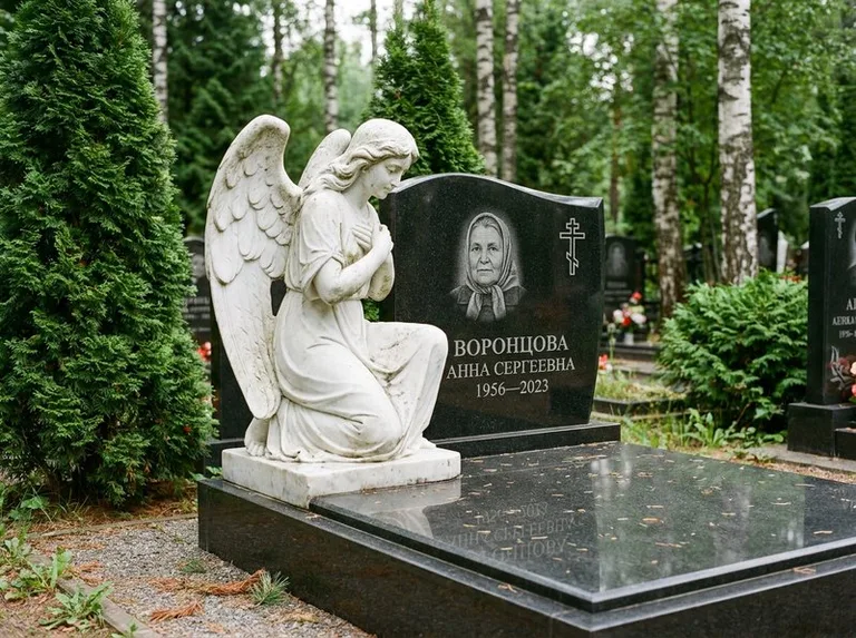 Белый мраморный ангел на гранитном памятнике в Перми