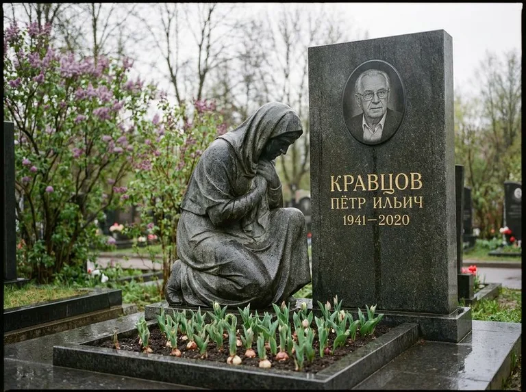 Гранитная скорбящая фигура у стелы на кладбище в Перми