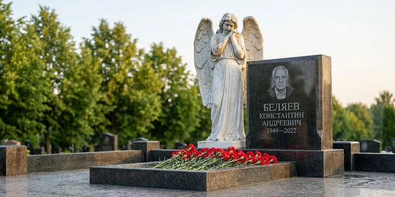 Скульптура на памятник в Перми — мраморный ангел на гранитном мемориале
