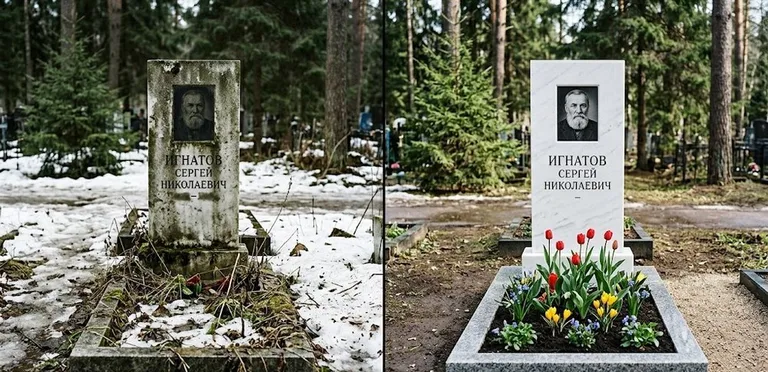 Диптих №6: высадка хризантем у подножия серого гранита — до и после уборки в Перми