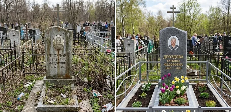 Диптих №4: свежепокрашенная серебром оградка и отмытый красный гранит — до и после в Перми