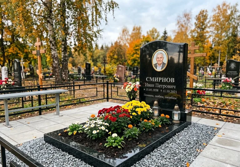 Ухоженная могила после уборки и мойки памятника в Перми