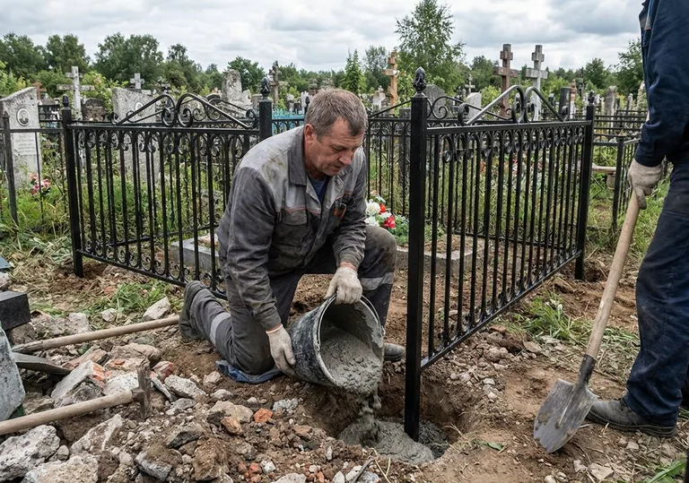 Установка ограды бетонированием ножек в грунт в Перми