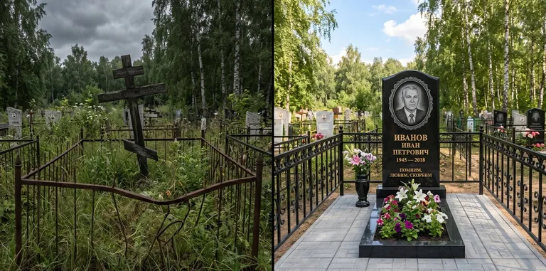 Благоустройство могилы до и после установки памятника в Перми