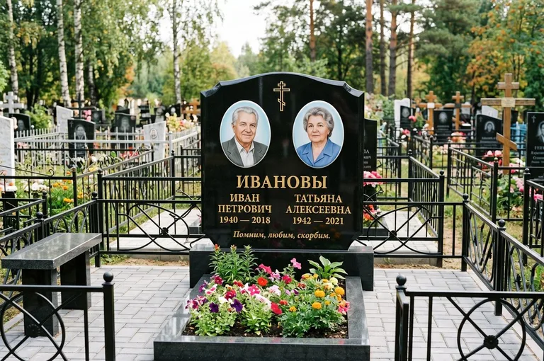 Установка памятника на бетонное основание с цоколем и цветником в Перми