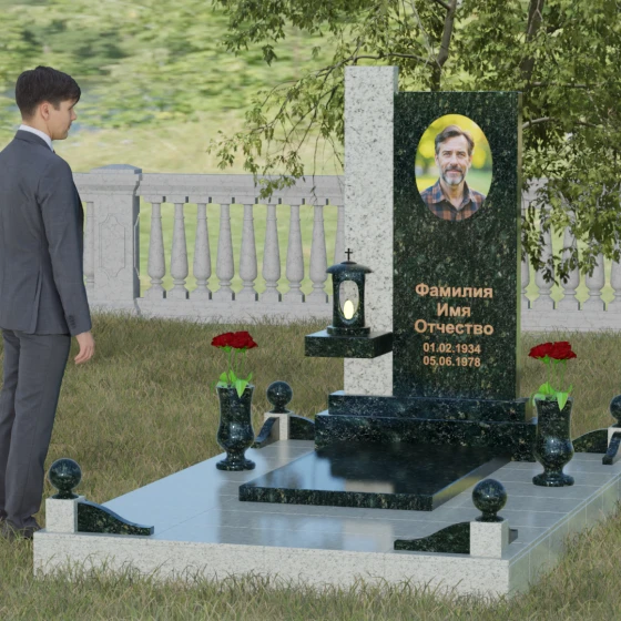 Комбинированный светский вертикальный памятник в Перми, гранит Балтик грин, вид 4