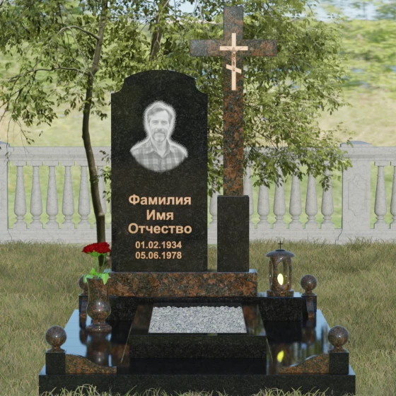 Гранитный православный памятник с крестом в Перми, гранит Габбро-диабаз, вид 2
