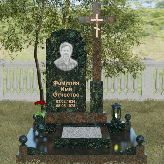 Гранитный православный памятник с крестом в Перми, гранит Балтик грин, вид 2