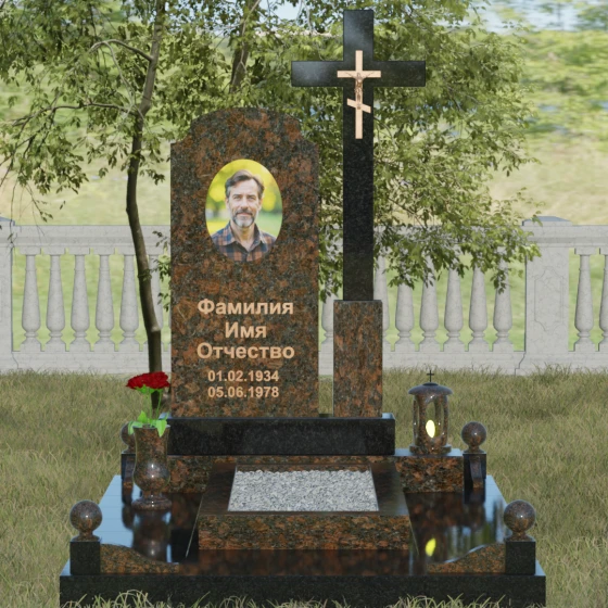 Гранитный православный памятник с крестом в Перми, гранит Дымовский, вид 2