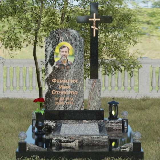 Гранитный православный памятник с крестом в Перми, гранит амфиболит, вид 2
