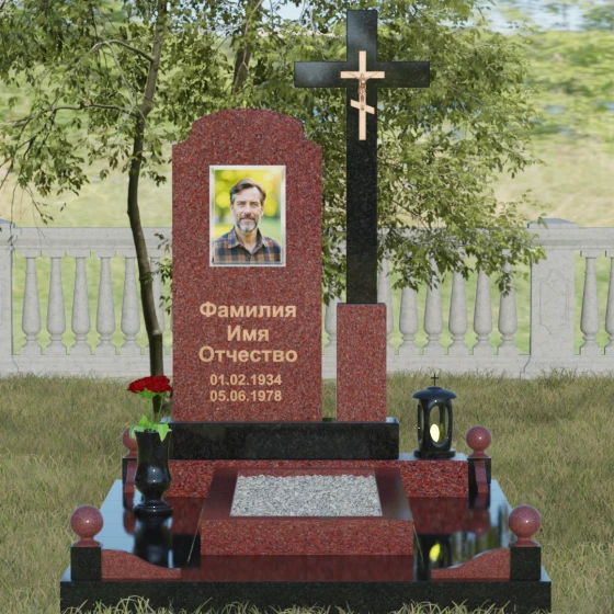 Гранитный православный памятник с крестом в Перми, гранит Лезниковский, вид 2