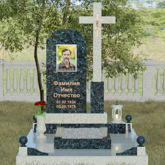 Гранитный православный памятник с крестом в Перми, гранит Блю Перл, вид 2