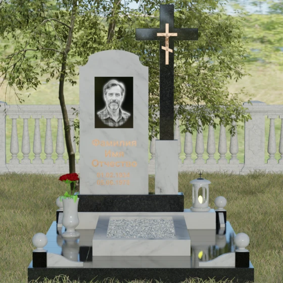 Гранитный православный памятник с крестом в Перми, мрамор Тассос, вид 2