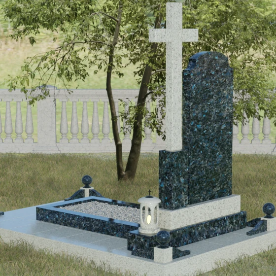 Гранитный православный памятник с крестом в Перми, гранит Блю Перл, вид 3