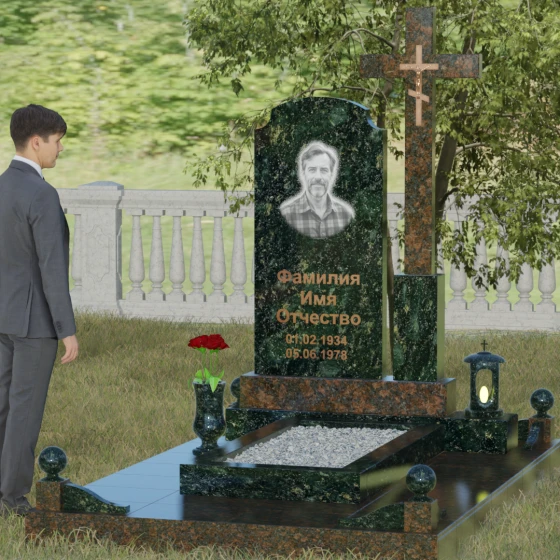 Гранитный православный памятник с крестом в Перми, гранит Балтик грин, вид 4