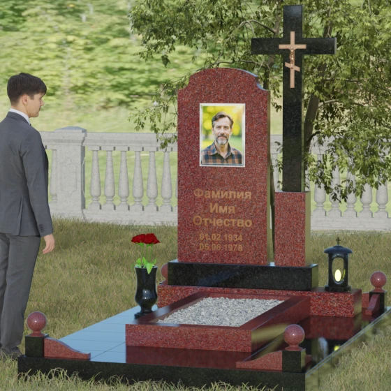 Гранитный православный памятник с крестом в Перми, гранит Лезниковский, вид 4