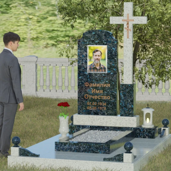 Гранитный православный памятник с крестом в Перми, гранит Блю Перл, вид 4