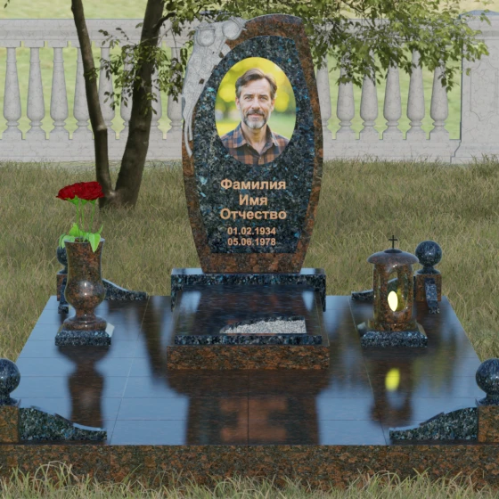 Вертикальный комбинированный светский памятник в Перми, гранит Блю Перл, вид 2