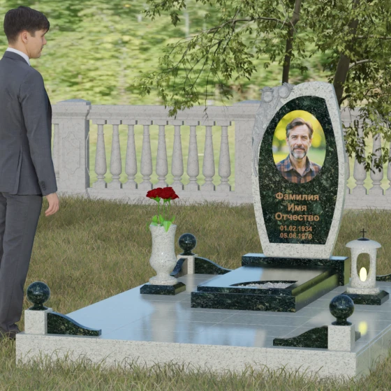 Вертикальный комбинированный светский памятник в Перми, гранит Балтик грин, вид 4