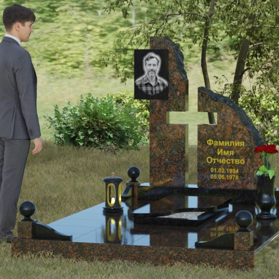 Комбинированный православный памятник с крестом в Перми, гранит Габбро-диабаз, вид 4