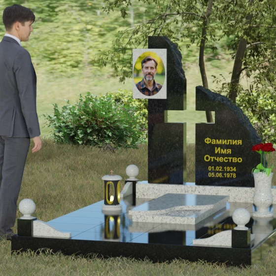 Комбинированный православный памятник с крестом в Перми, гранит Мансуровский, вид 4