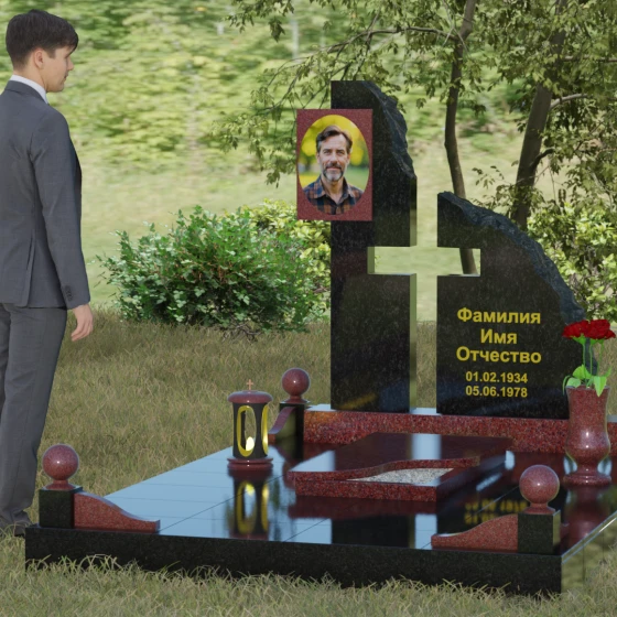 Комбинированный православный памятник с крестом в Перми, гранит Лезниковский, вид 4