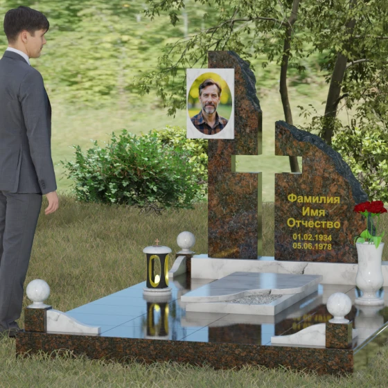 Комбинированный православный памятник с крестом в Перми, мрамор Тассос, вид 4