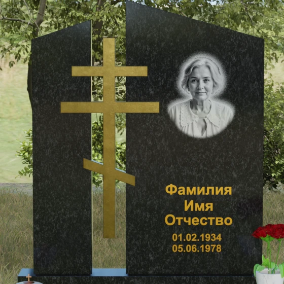 Комбинированный православный памятник с крестом в Перми, гранит Габбро-диабаз