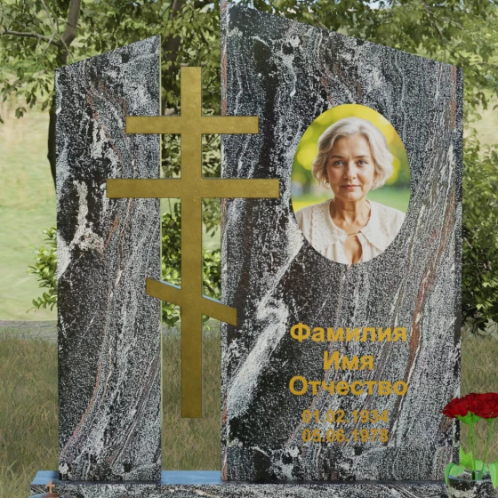 Комбинированный православный памятник с крестом в Перми, гранит амфиболит