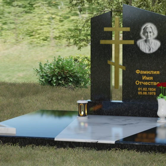 Комбинированный православный памятник с крестом в Перми, гранит Габбро-диабаз, вид 4
