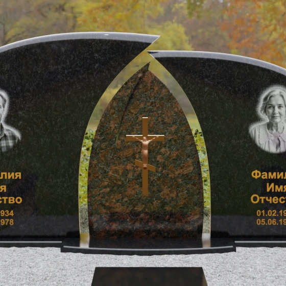 Комбинированный горизонтальный памятник с крестом в Перми, гранит Габбро-диабаз