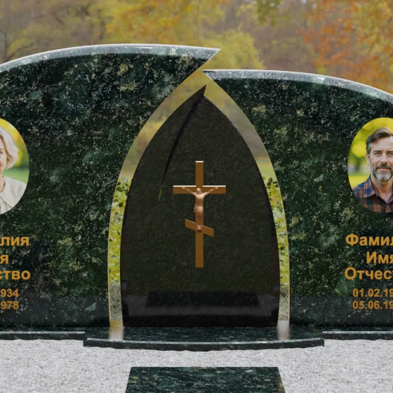 Комбинированный горизонтальный памятник с крестом в Перми, гранит Балтик грин
