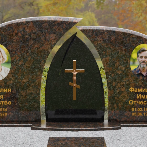 Комбинированный горизонтальный памятник с крестом в Перми, гранит Дымовский
