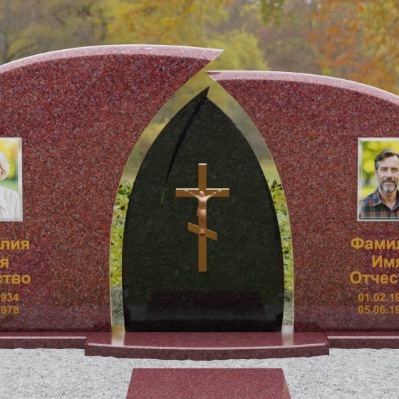 Комбинированный горизонтальный памятник с крестом в Перми, гранит Лезниковский
