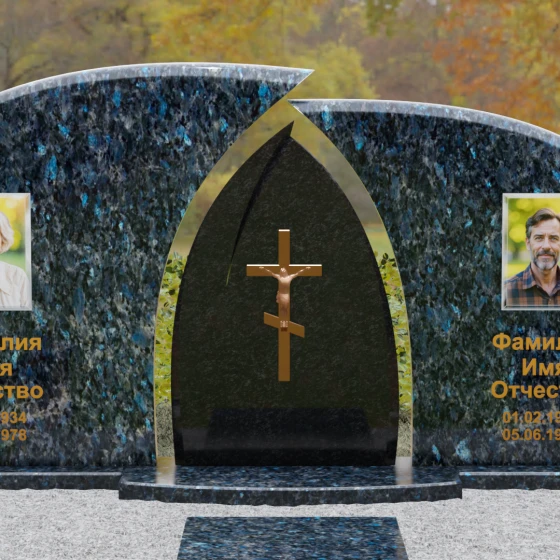 Комбинированный горизонтальный памятник с крестом в Перми, гранит Блю Перл